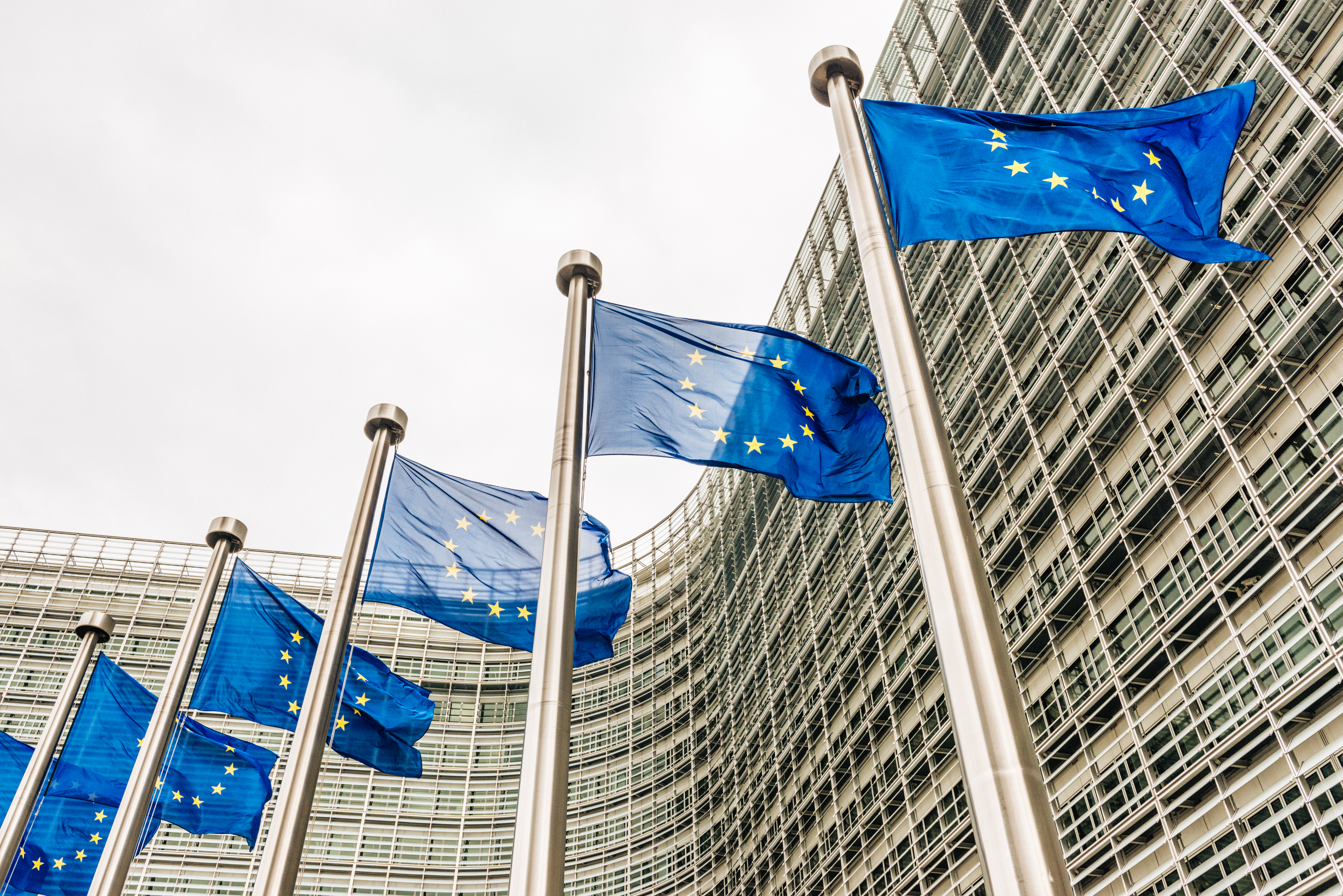 EU flags near EU headquarters Berlaymont European Commission building